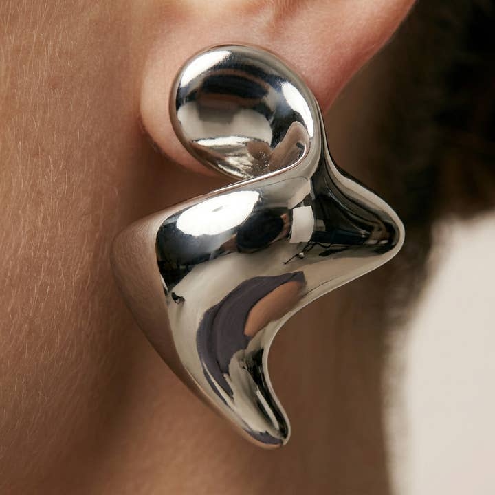 Rhodium Abstract Sculptural Fluid Stud Earrings — listing image 3 of 5